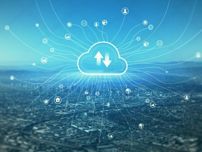 Cloud computing network over a city representing Microsoft cloud partners in Dubai