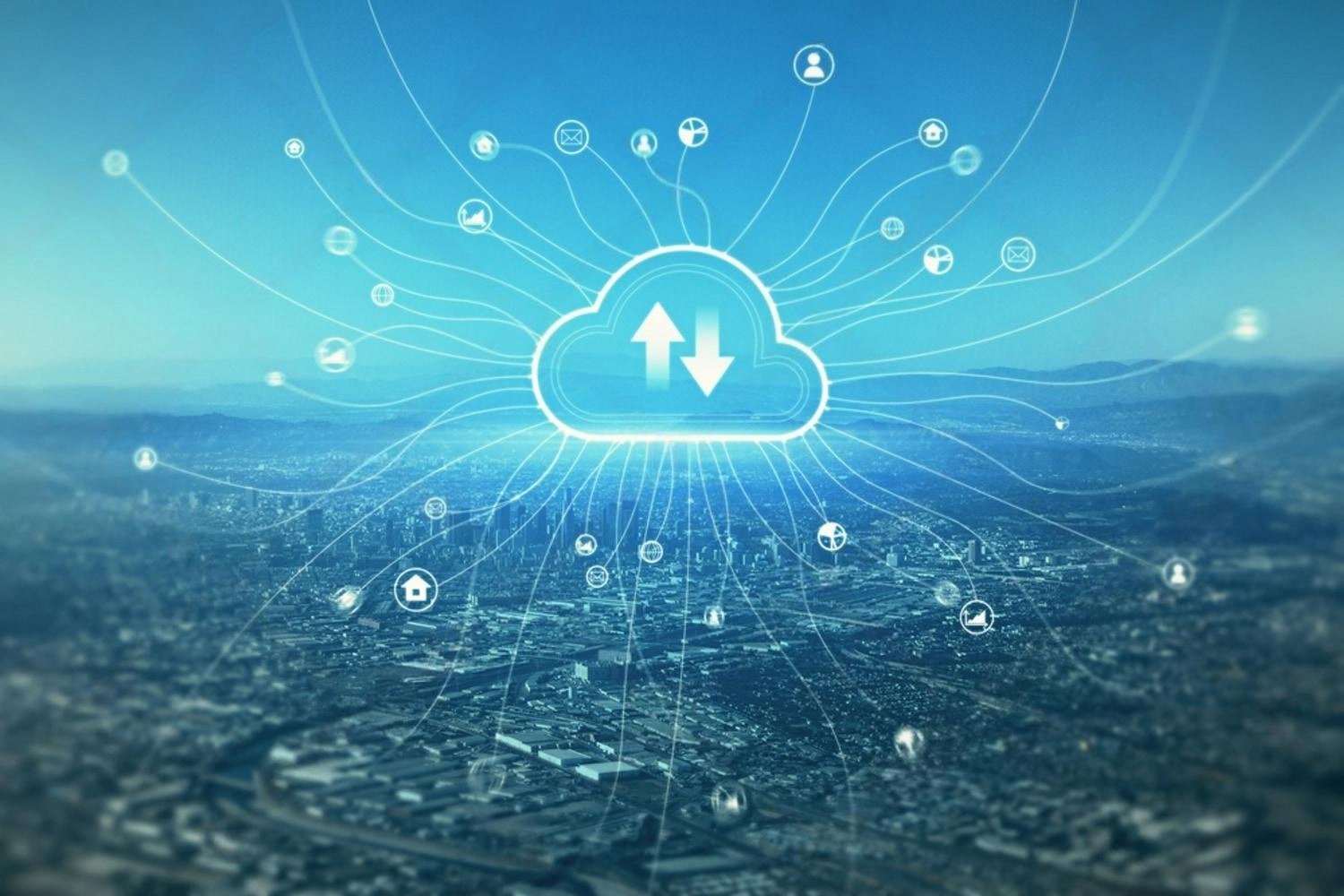Cloud computing network over a city representing Microsoft cloud partners in Dubai